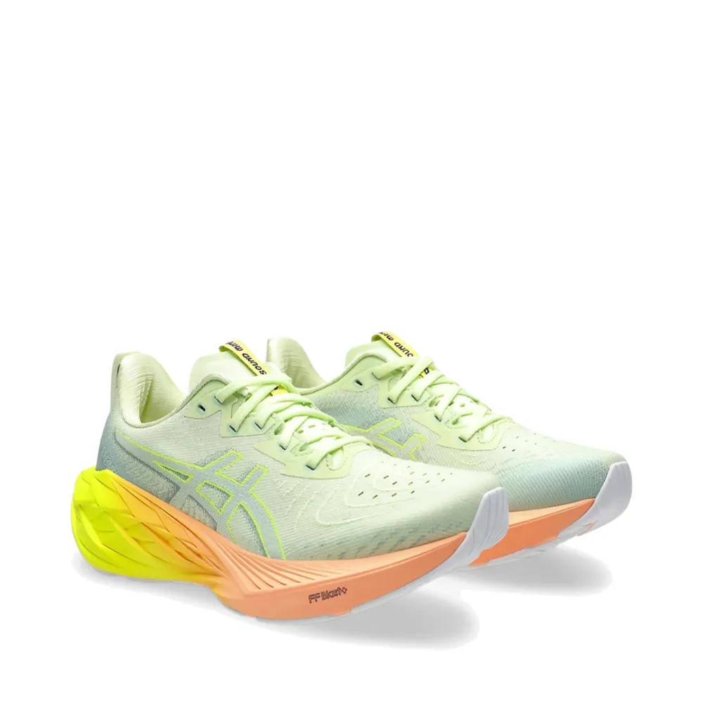 Asics Women's Novablast 4 Sneaker in Cool Matcha/Safety Yellow