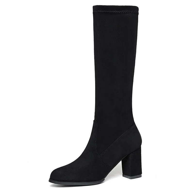 Below The Knee Boots Stretch Boots Suede Pointed Toe