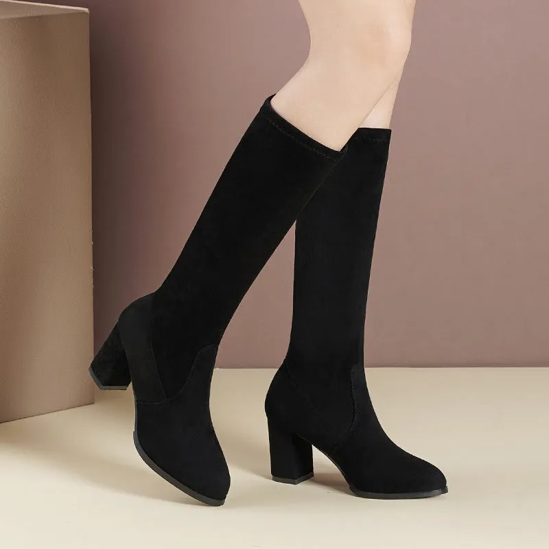 Below The Knee Boots Stretch Boots Suede Pointed Toe