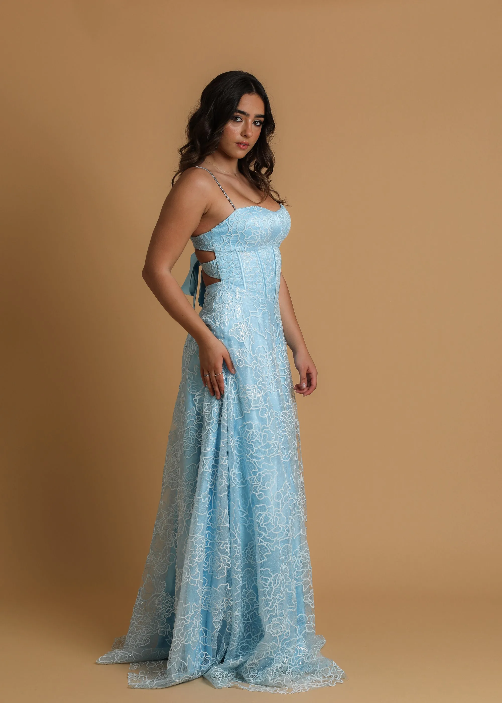 blue accent straight neck line with flowy skirt