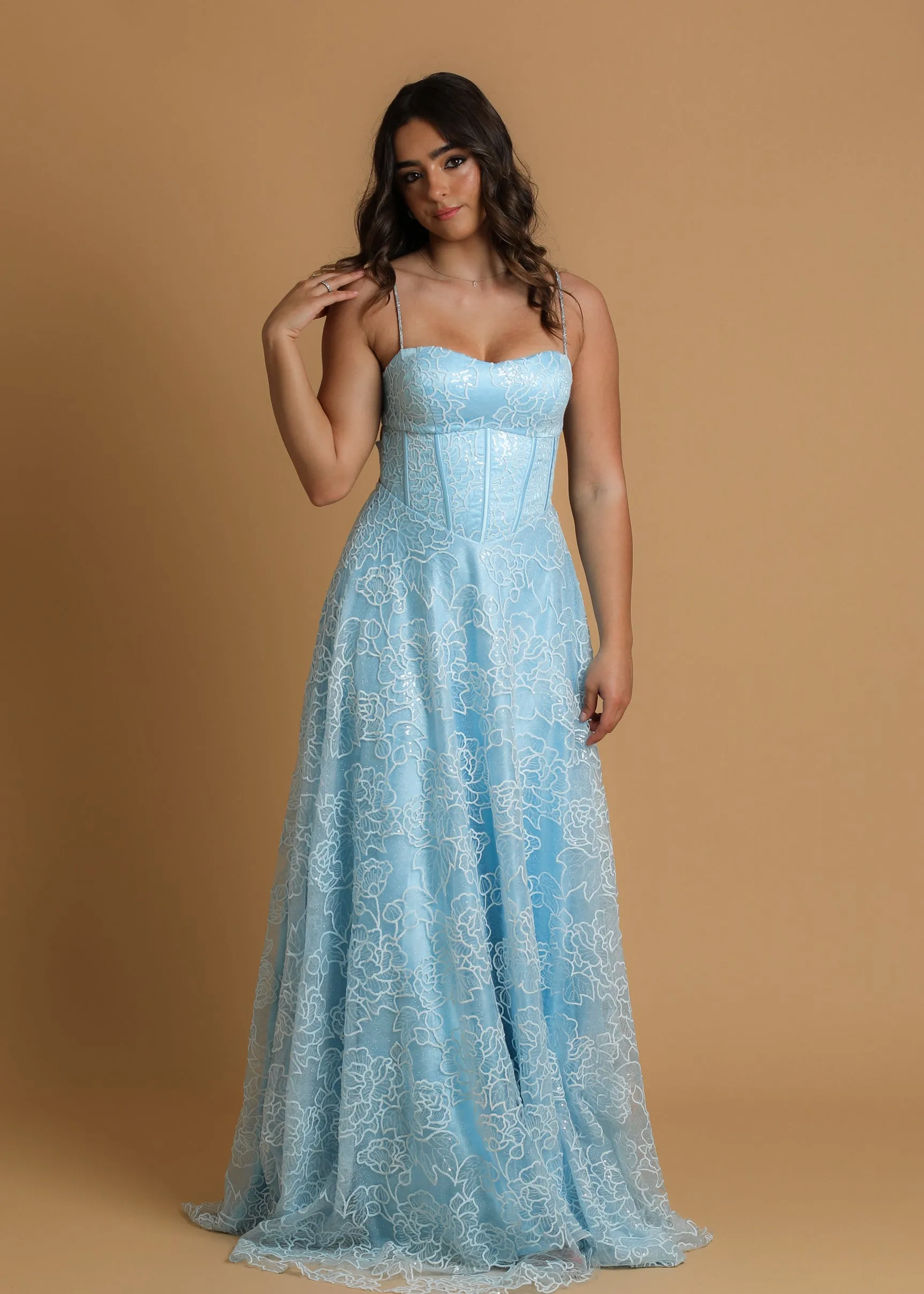 blue accent straight neck line with flowy skirt