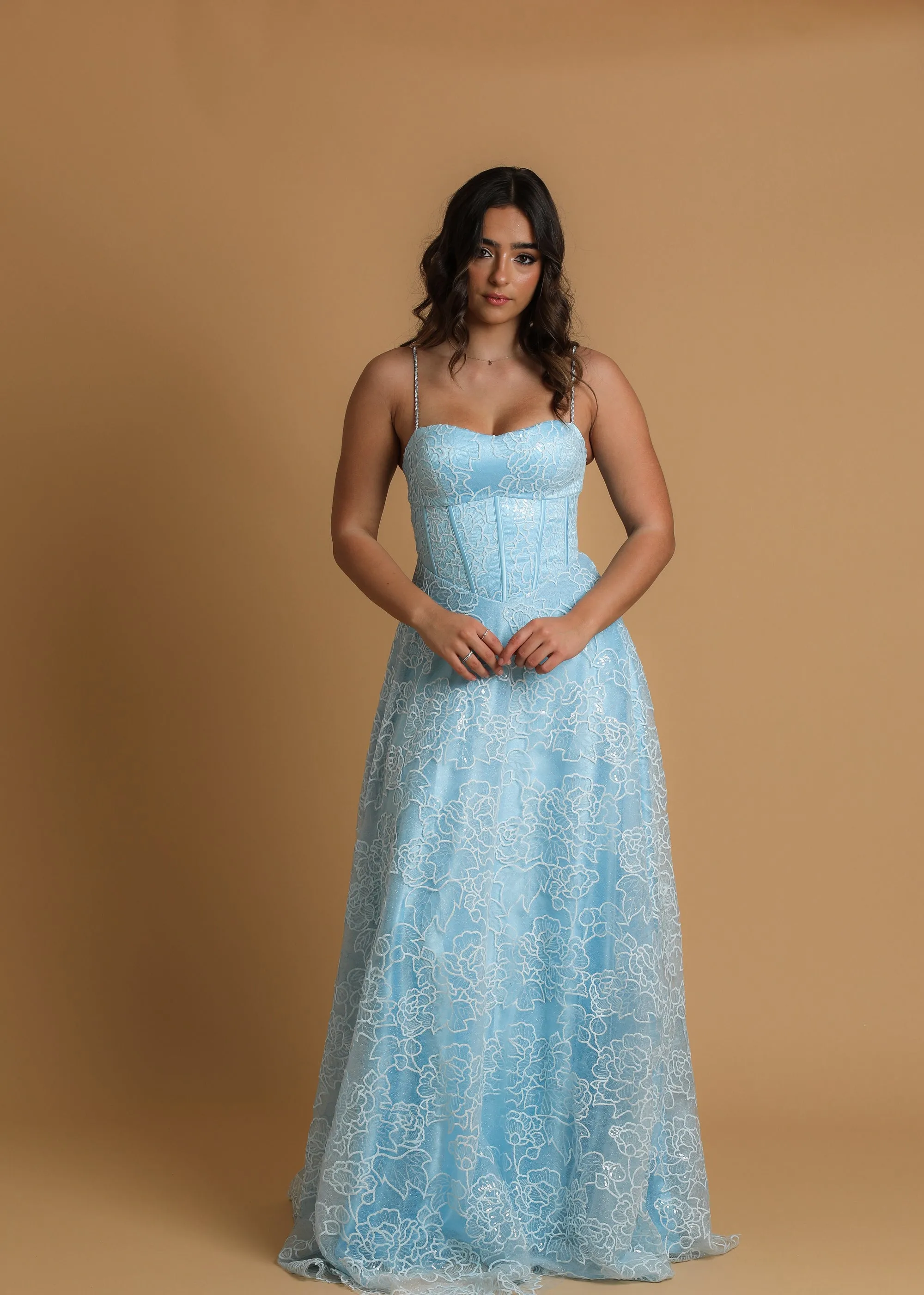 blue accent straight neck line with flowy skirt