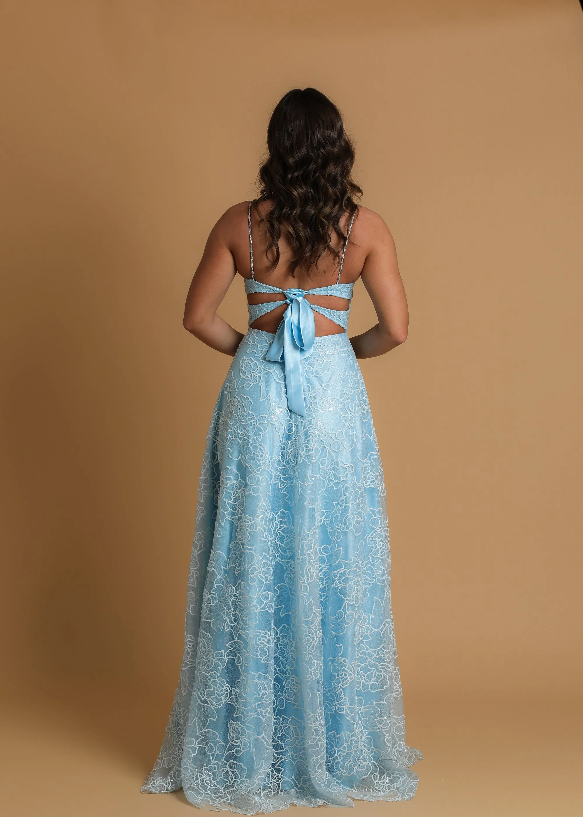 blue accent straight neck line with flowy skirt