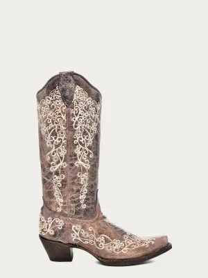 Corral Boots WOMEN'S BONE COLOR FLORAL EMBROIDERY COWBOY BOOT - BROWN