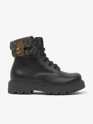 Fendi Kids Leather Baguette Biker Boots in Black