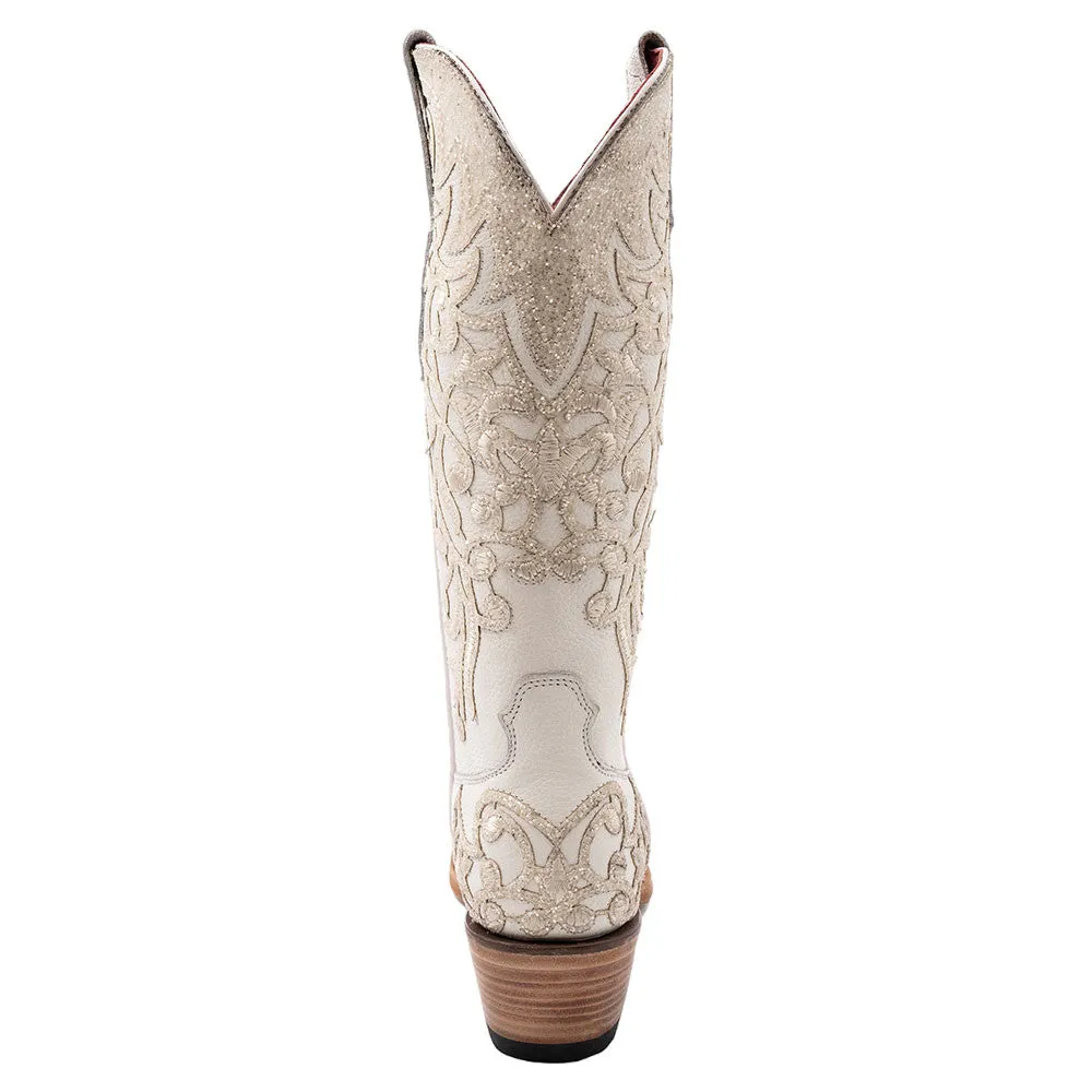 Ferrini Starlight White Full Grain Leather Snipped Toe Wedding Boots