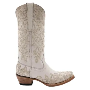 Ferrini Starlight White Full Grain Leather Snipped Toe Wedding Boots