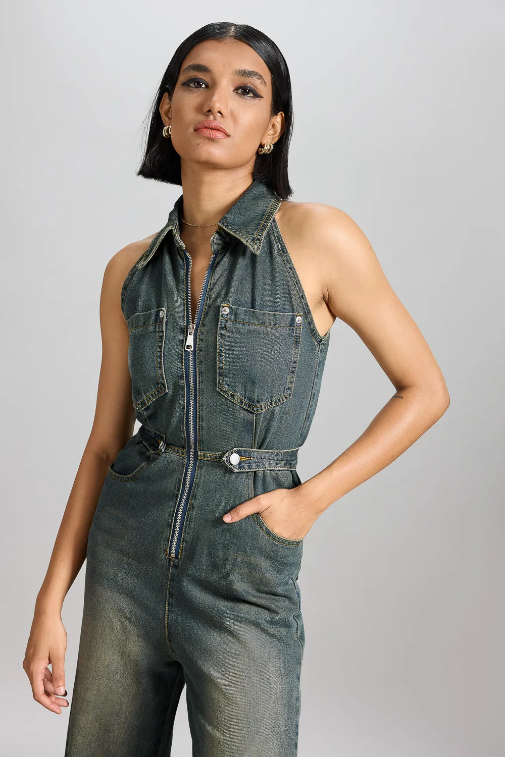 Halter Neck Denim Jumpsuit