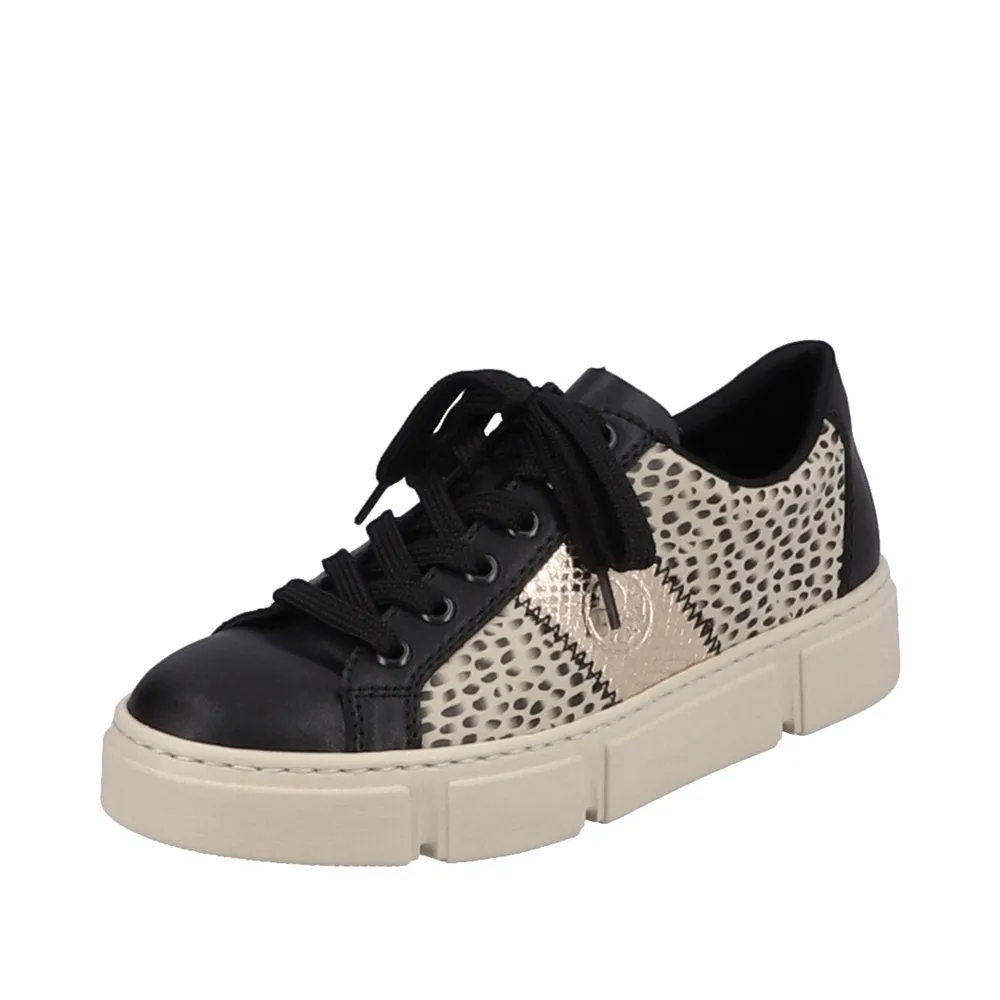 Ladies Rieker Lace Up Trainers Sneakers Black/Print/Beige N5910-62