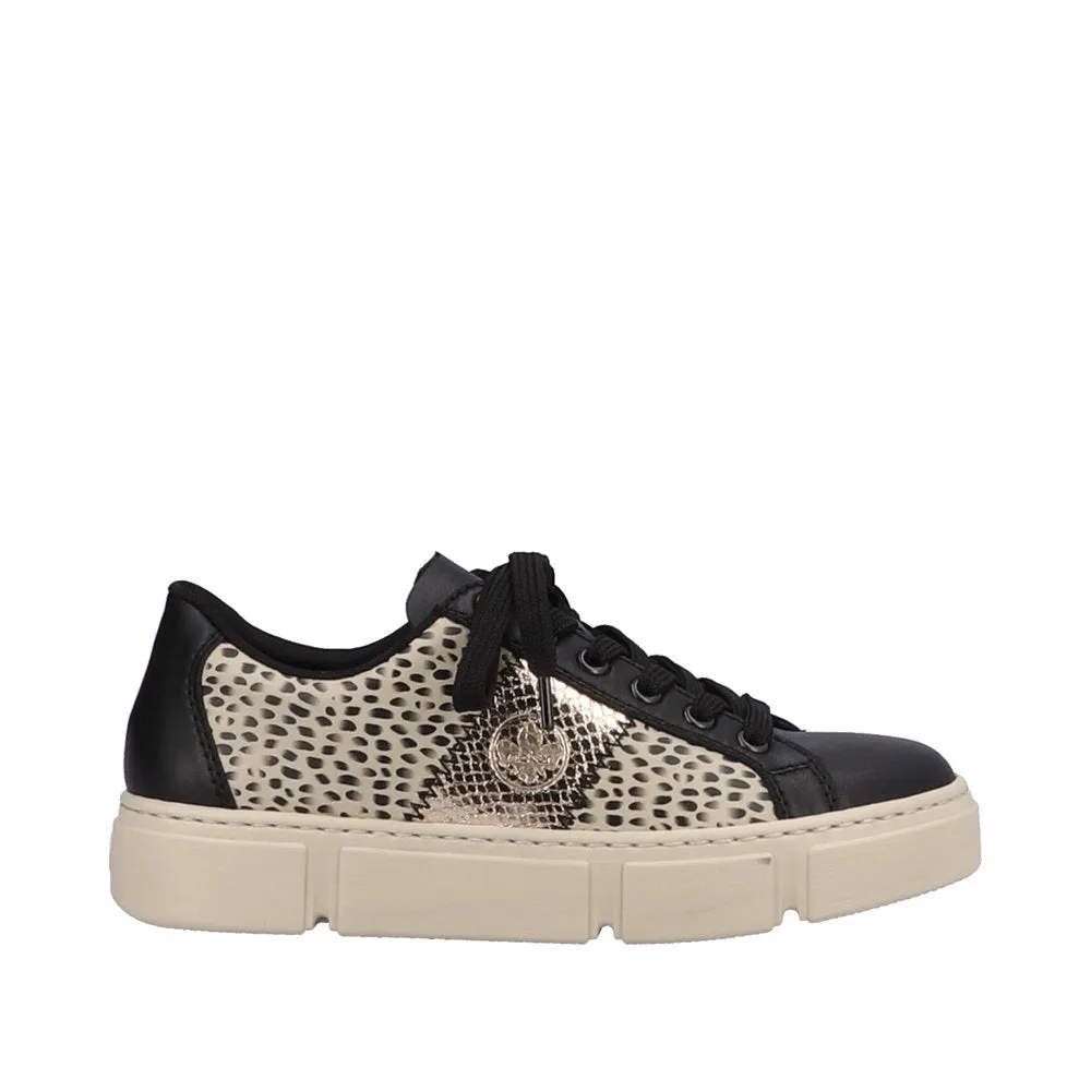 Ladies Rieker Lace Up Trainers Sneakers Black/Print/Beige N5910-62