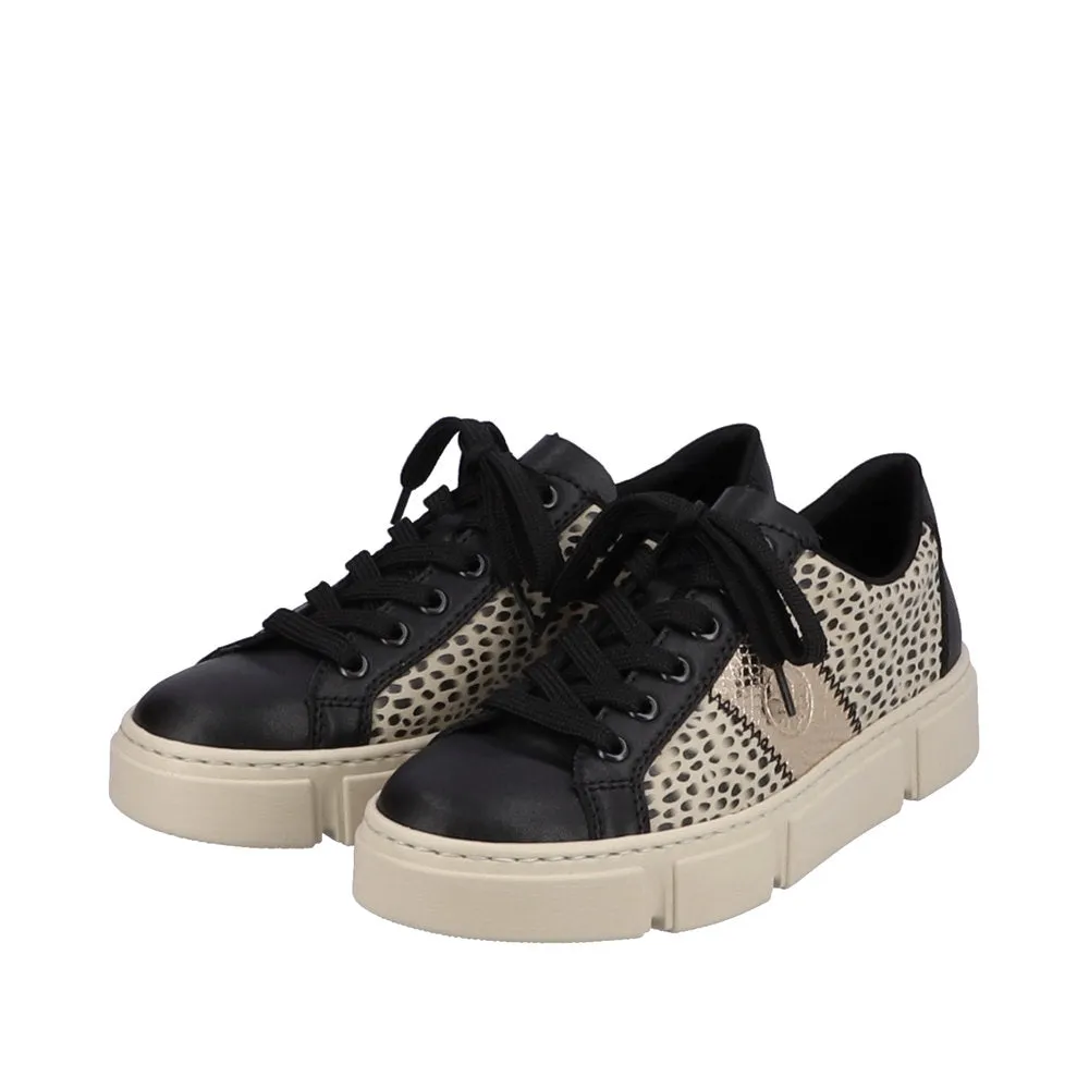 Ladies Rieker Lace Up Trainers Sneakers Black/Print/Beige N5910-62