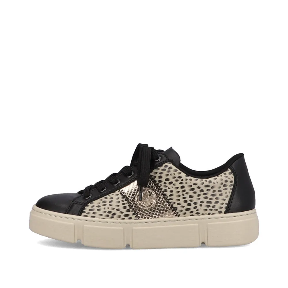 Ladies Rieker Lace Up Trainers Sneakers Black/Print/Beige N5910-62