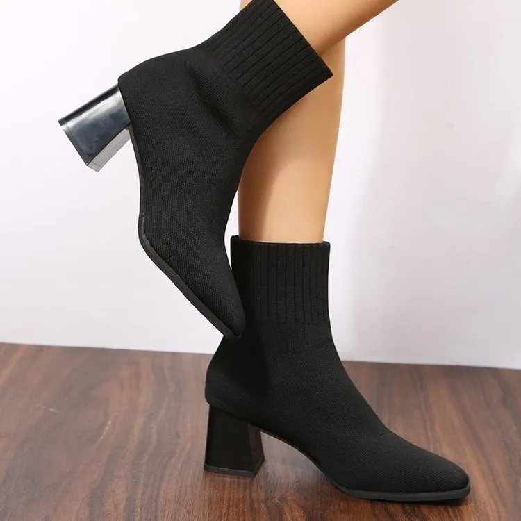 Large Size Thick Heel Pointed Women's Stretch Boots