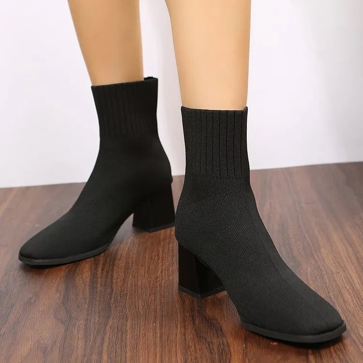 Large Size Thick Heel Pointed Women's Stretch Boots