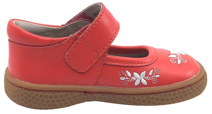 Livie & Luca Girl's Frida Bright Pink Leather with Floral Embroidery Mary Jane Flat Shoes