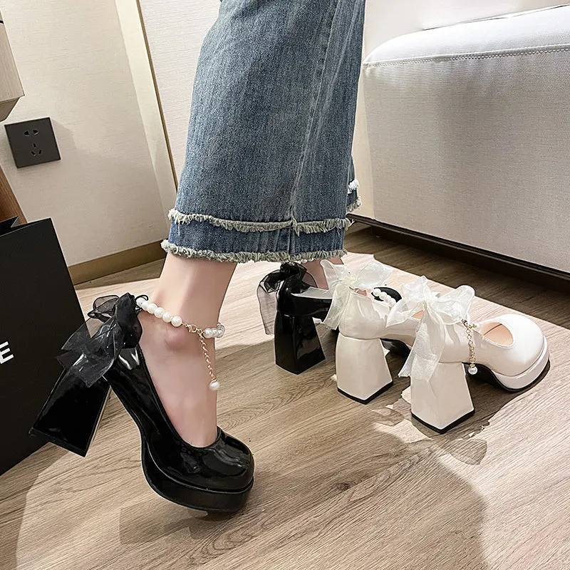 Mesh Bow Pearl Chunky Heels