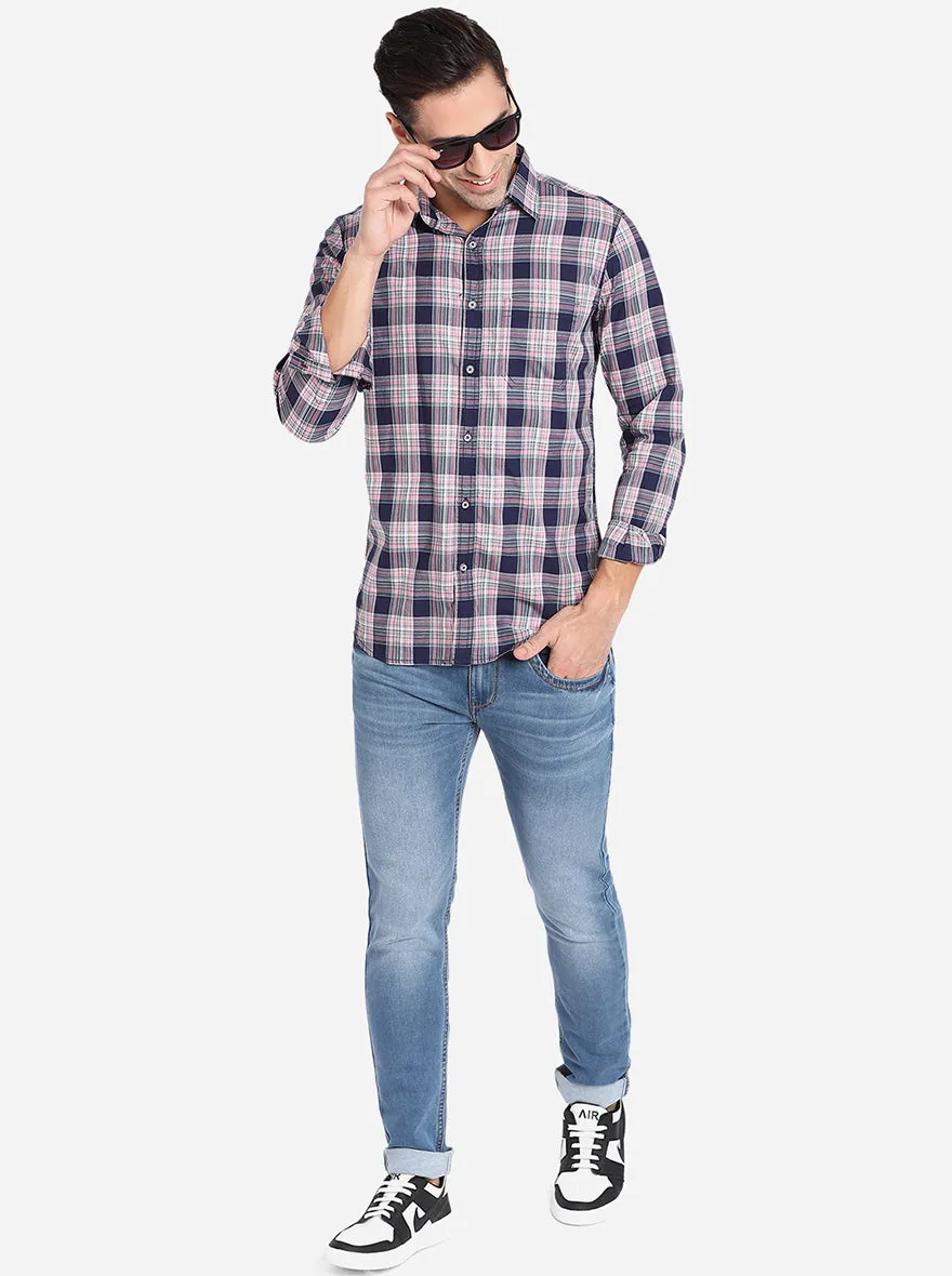 Navy Blue & Light Pink Checked Slim Fit Semi Casual Shirt | JadeBlue