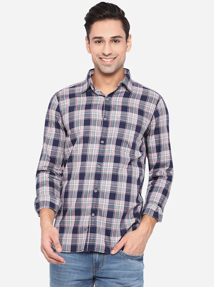 Navy Blue & Light Pink Checked Slim Fit Semi Casual Shirt | JadeBlue