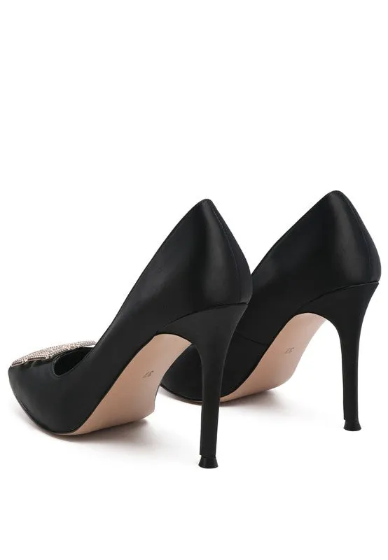 Priyanka Stiletto Black Satin Pointed Toe Crystal Brooch High Heel Pumps | Rag Company