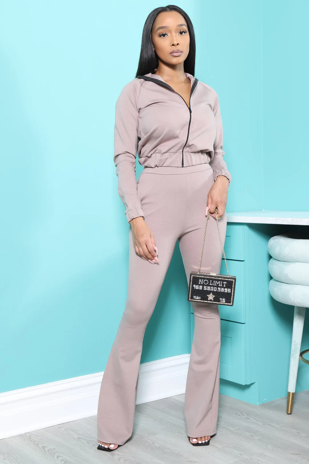 Ready Set Go Flare Tracksuit Set - Taupe