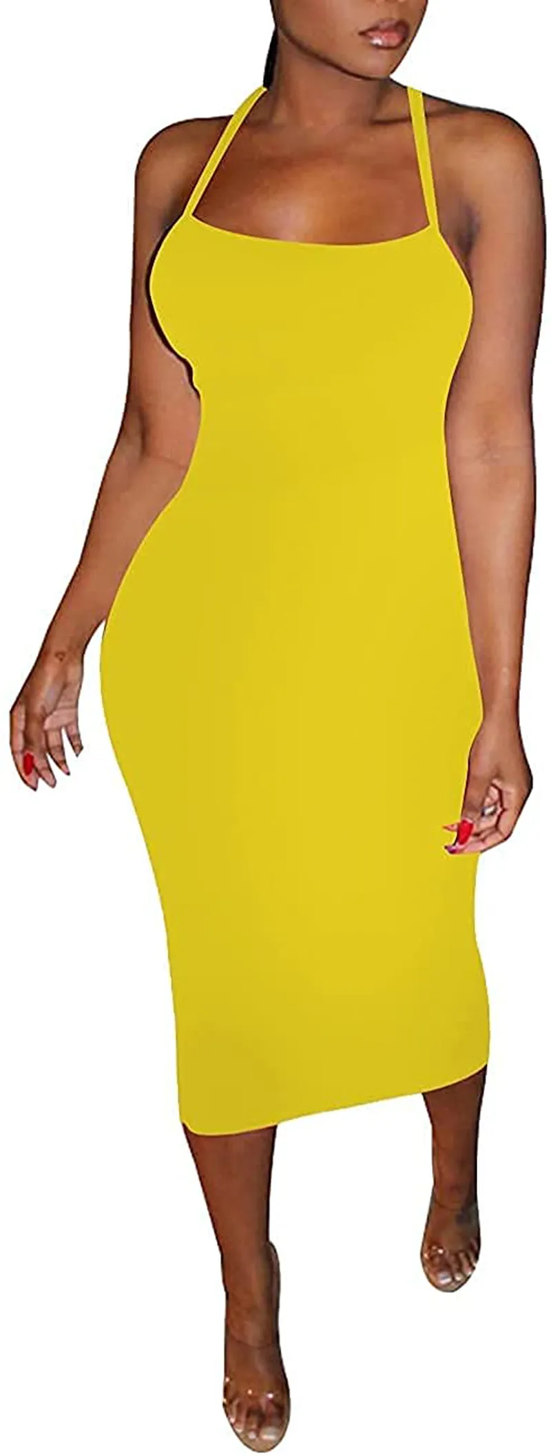 Rela Bota Women's Sexy Knitted Spaghetti Strap Sleevless Bodycon Midi Club Cocktail Dress