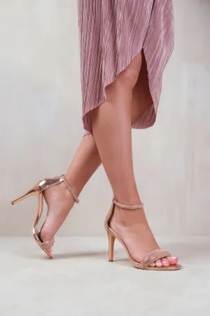 SABRA HIGH HEEL SANDALS WITH DIAMANTE ANKLE STRAP IN CHAMPAGNE ROSE GOLD FAUX LEATHER