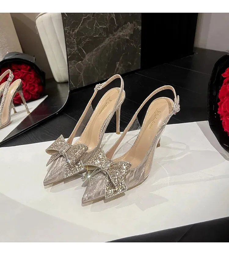 Sequin Rhinestone Bow Pointed Heels