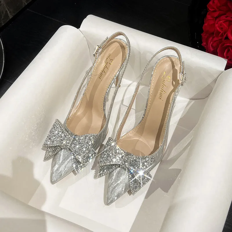 Sequin Rhinestone Bow Pointed Heels