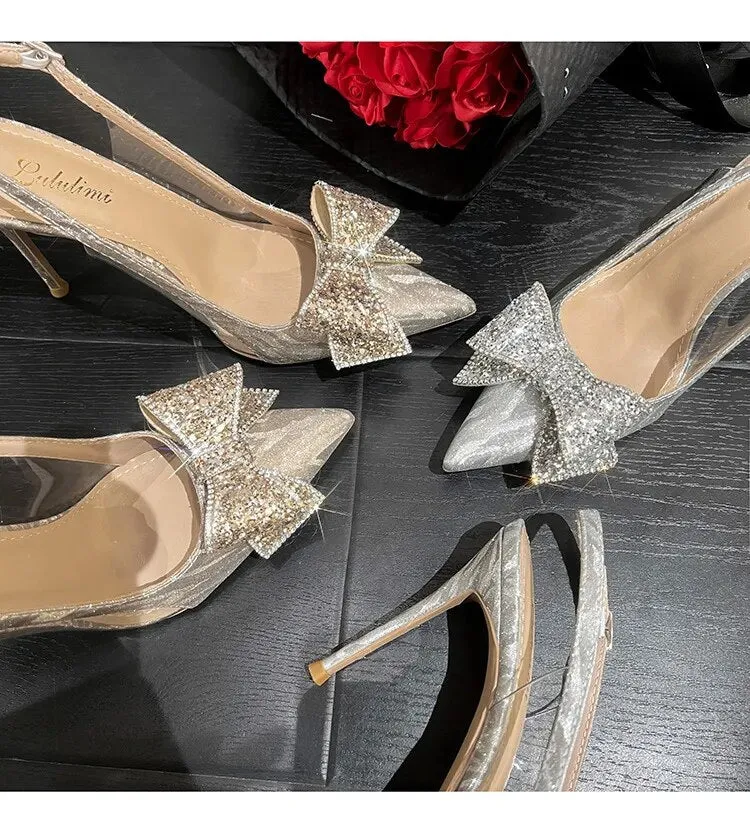 Sequin Rhinestone Bow Pointed Heels