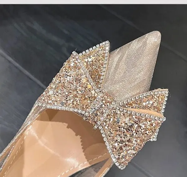 Sequin Rhinestone Bow Pointed Heels