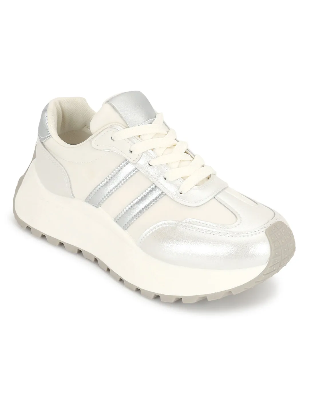 Silver White PU Stylish Lace-Up Sneakers (TC-RS3607-SILWHT)