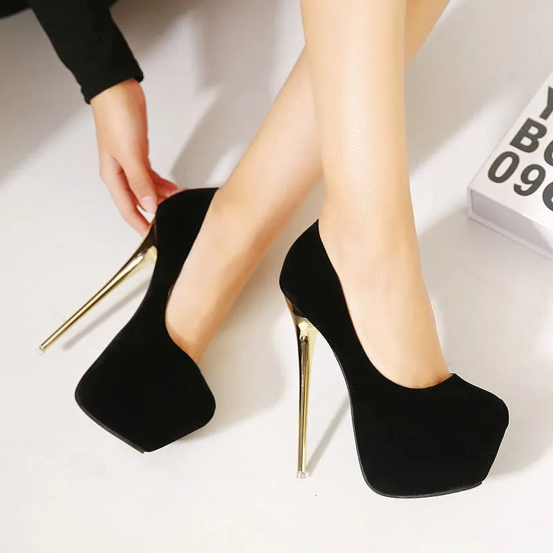 Stylish Suedette Platform Pumps with Gold Stiletto Heels