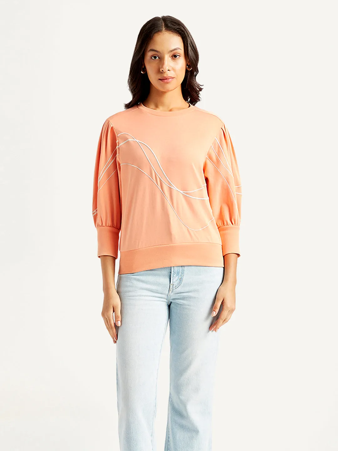 Women's Abstract Peach Crew Neck Top