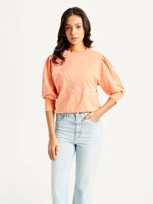 Women's Abstract Peach Crew Neck Top