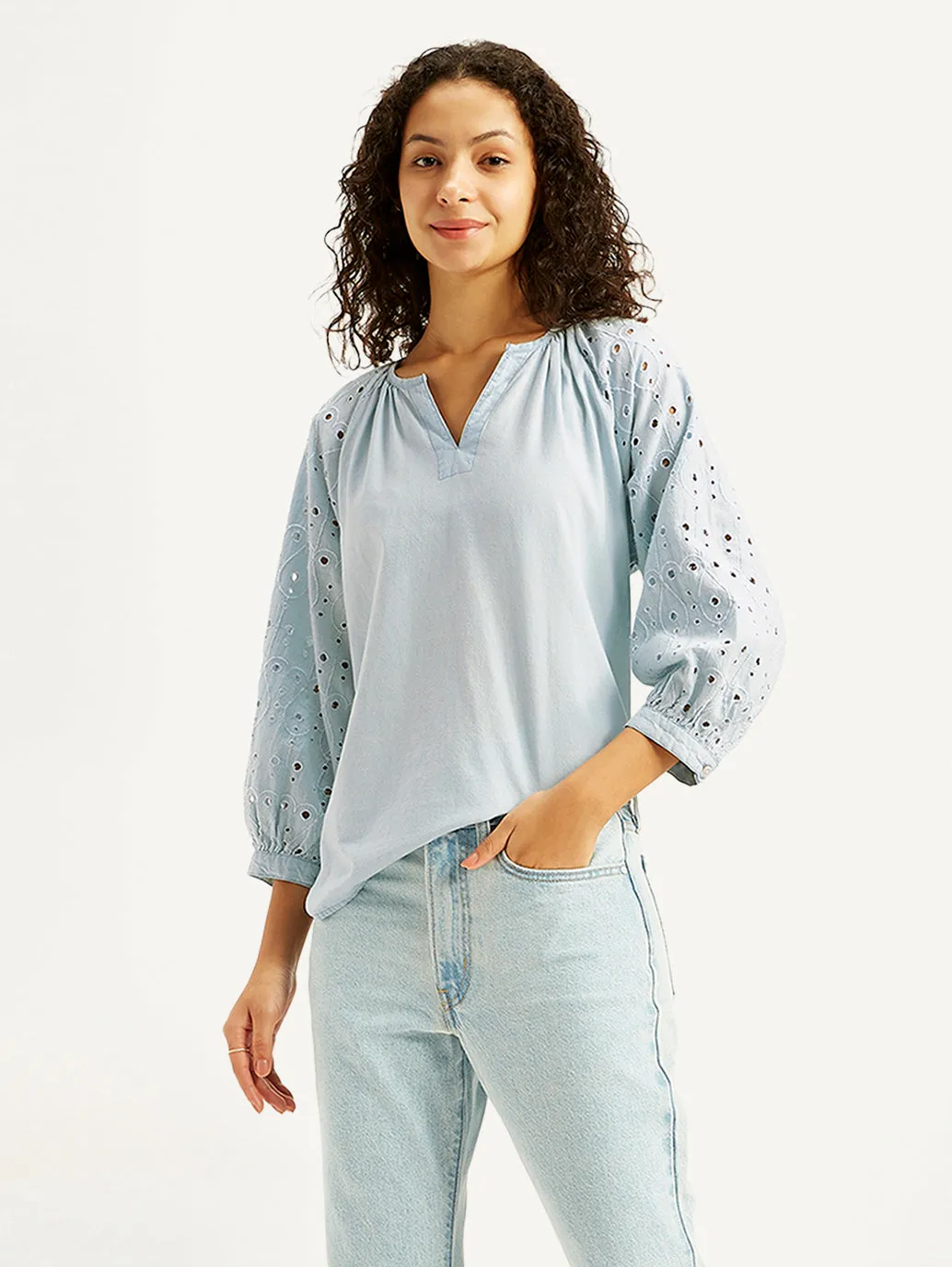 Women's Solid Light-Blue Peasant Top