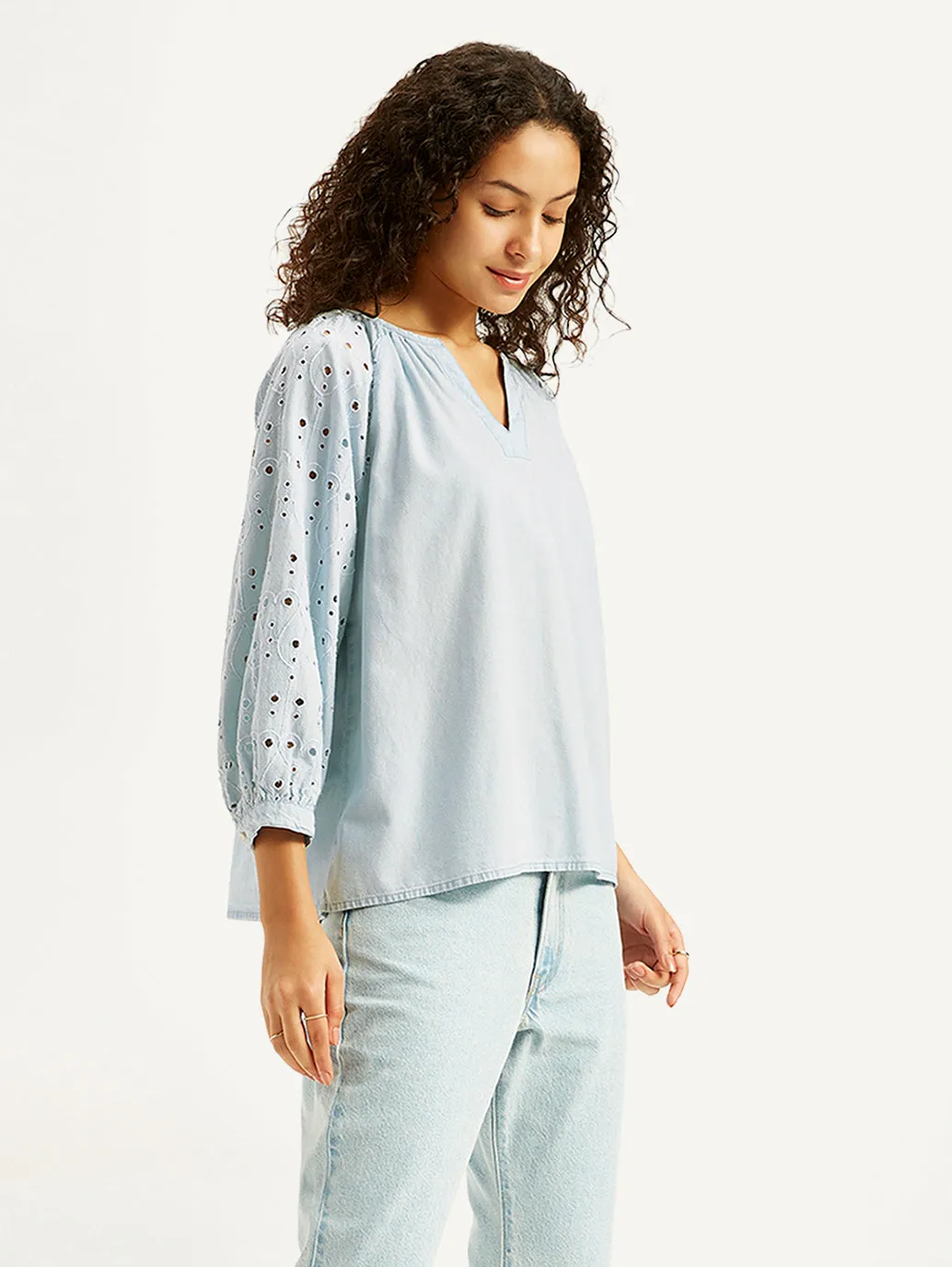 Women's Solid Light-Blue Peasant Top