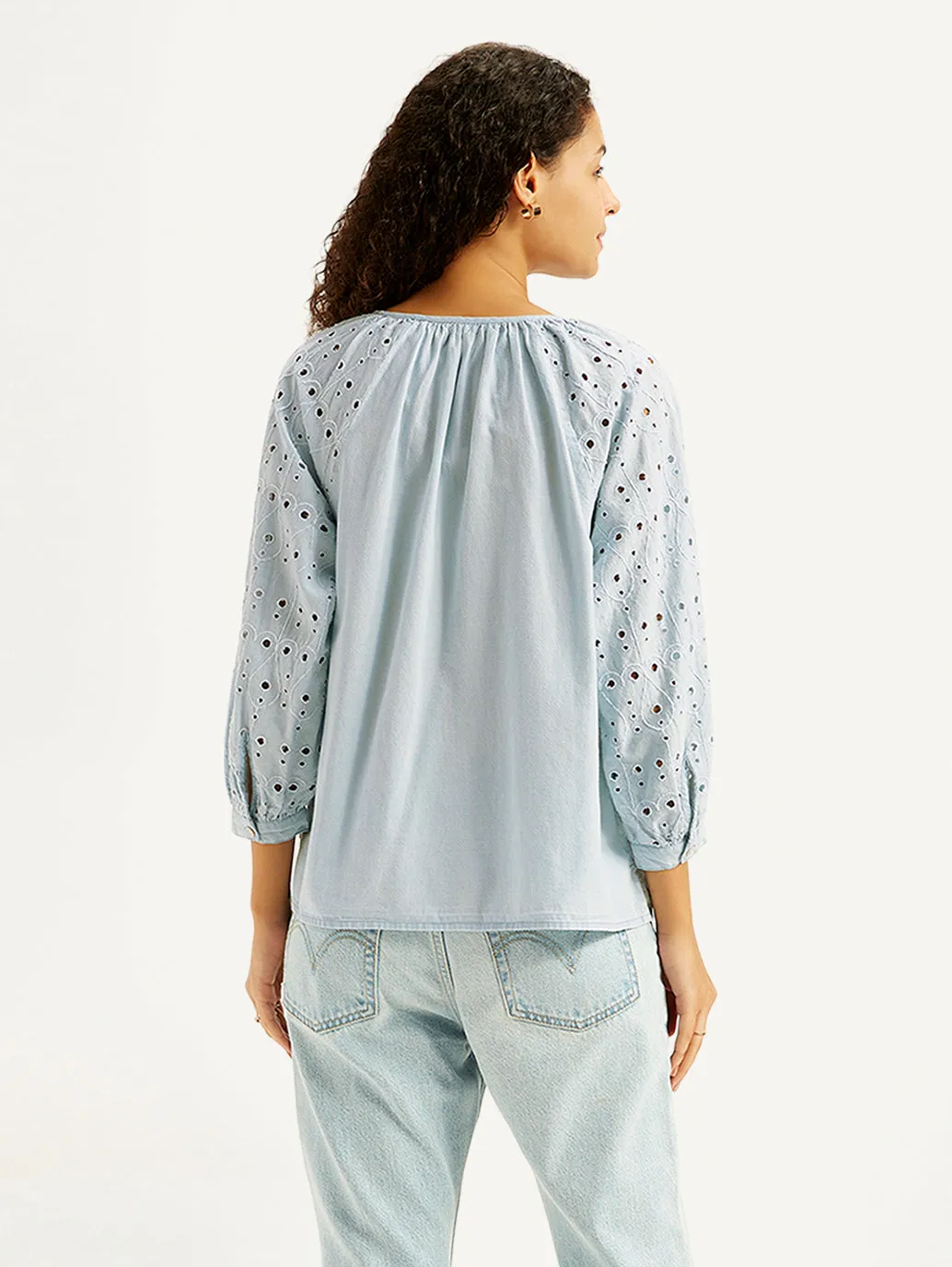 Women's Solid Light-Blue Peasant Top