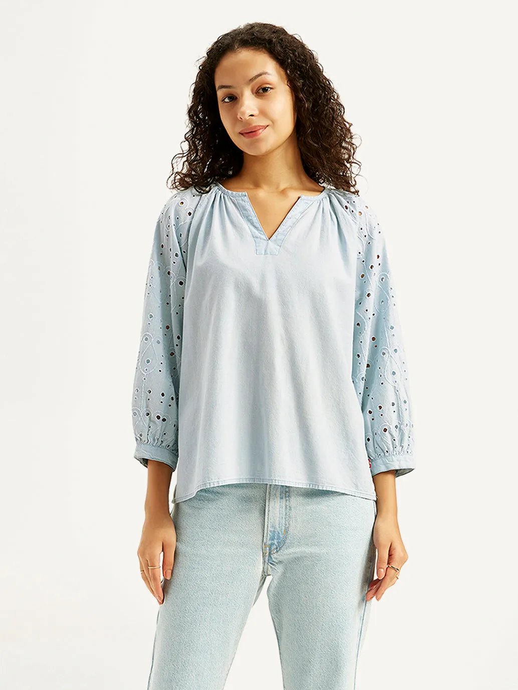 Women's Solid Light-Blue Peasant Top