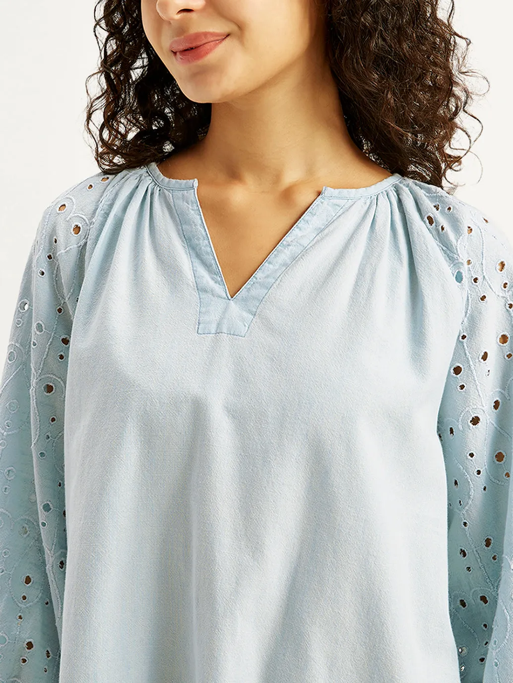 Women's Solid Light-Blue Peasant Top