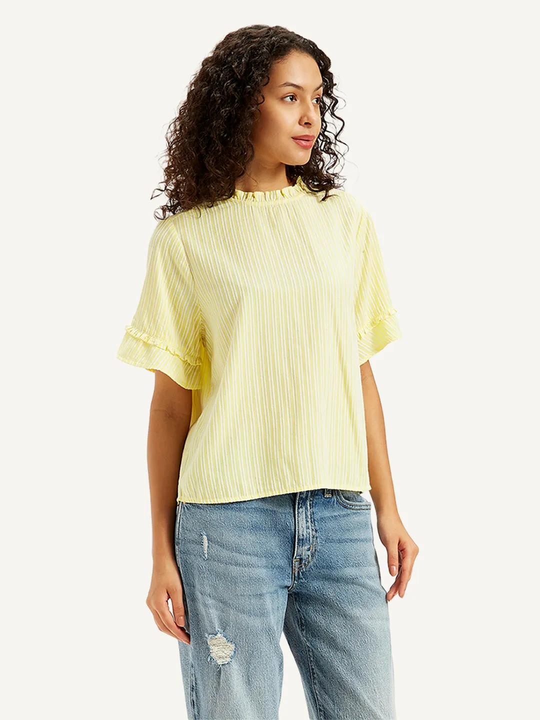 Women's Striped Yellow High Neck Top